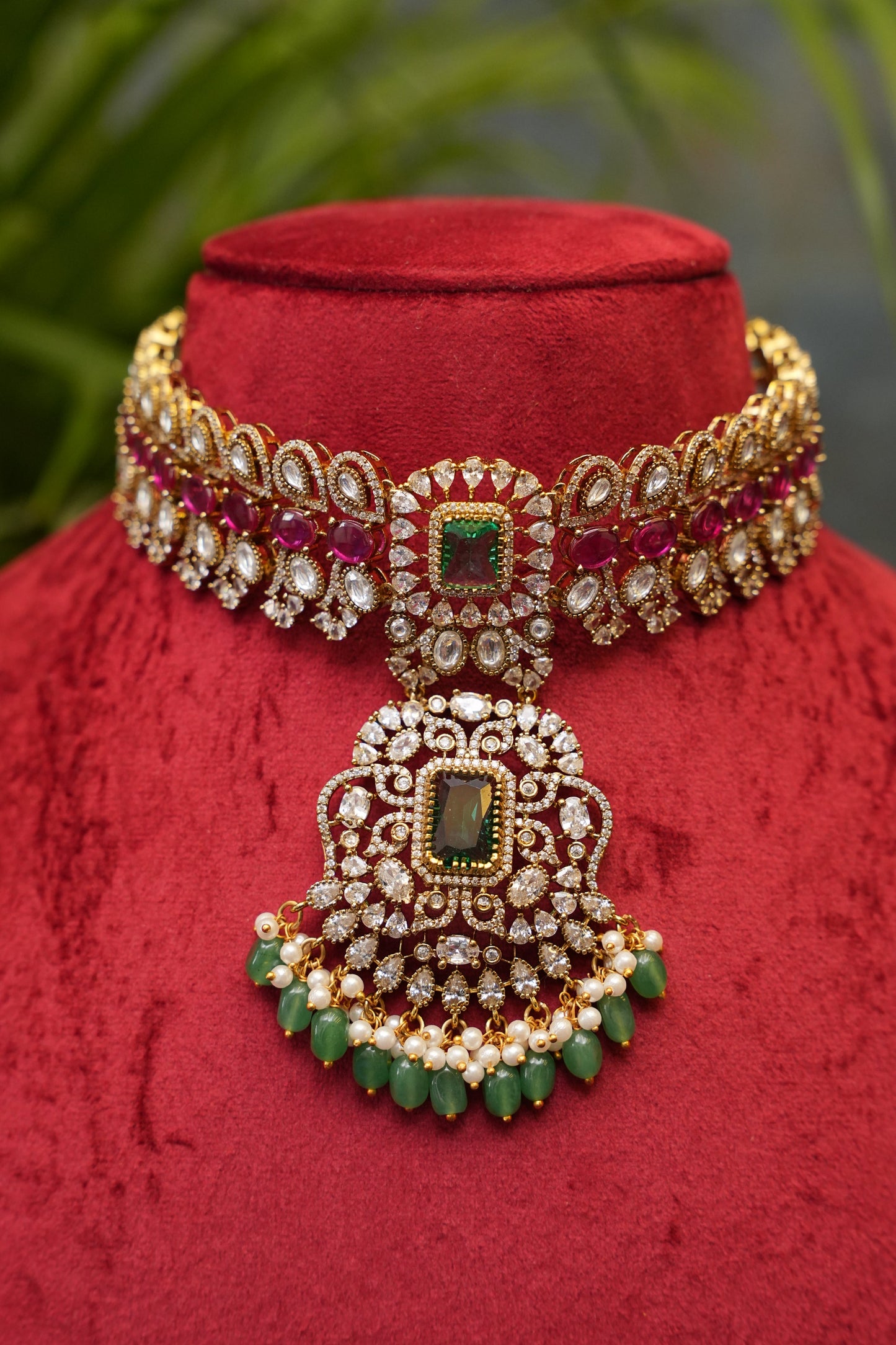 Victorian Statement Emerald & Ruby Stone Choker Necklace Set with Pearl Drops