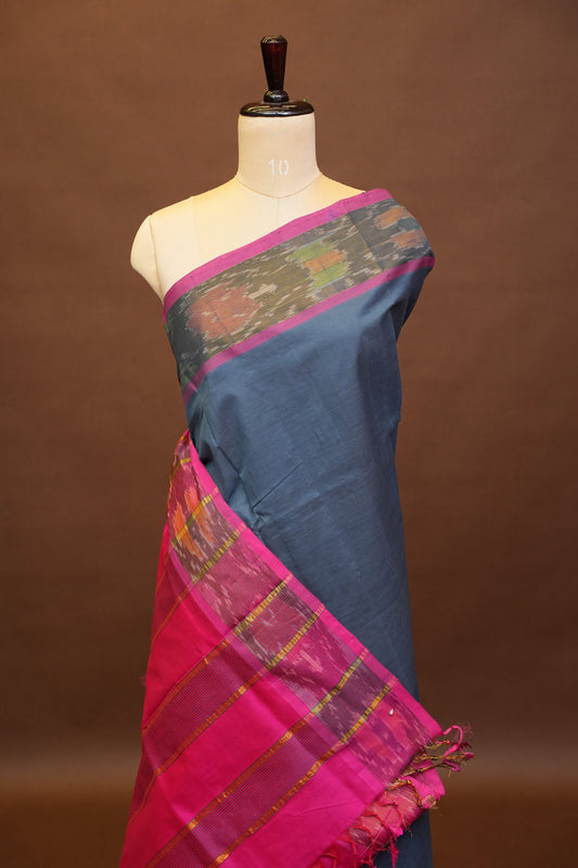 Ikkat Cotton Silk Saree - Grey and Pink