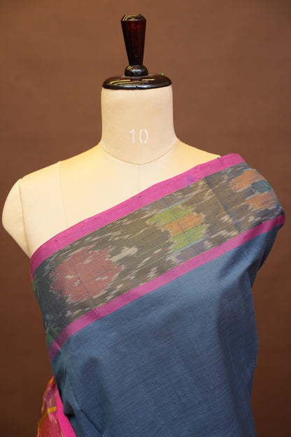 Ikkat Cotton Silk Saree - Grey and Pink