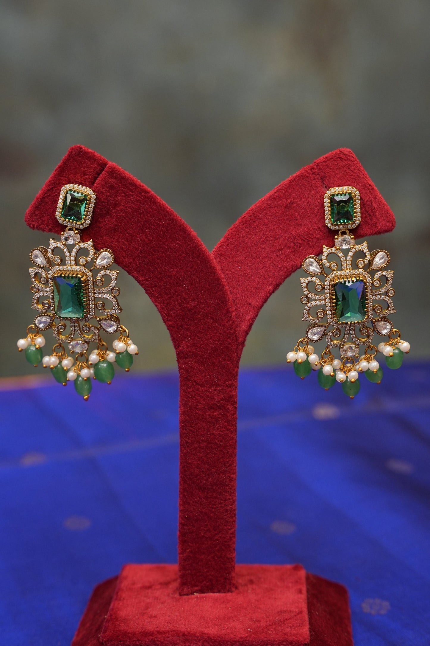 Victorian Statement Emerald & Ruby Stone Choker Necklace Set with Pearl Drops