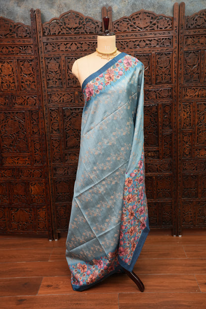 Semi Raw Silk Saree with Embroidered Body & Floral Borders – Powder Blue