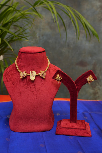 Antique Gold-Plated Temple Motif Short Necklace Set with CZ Detailing