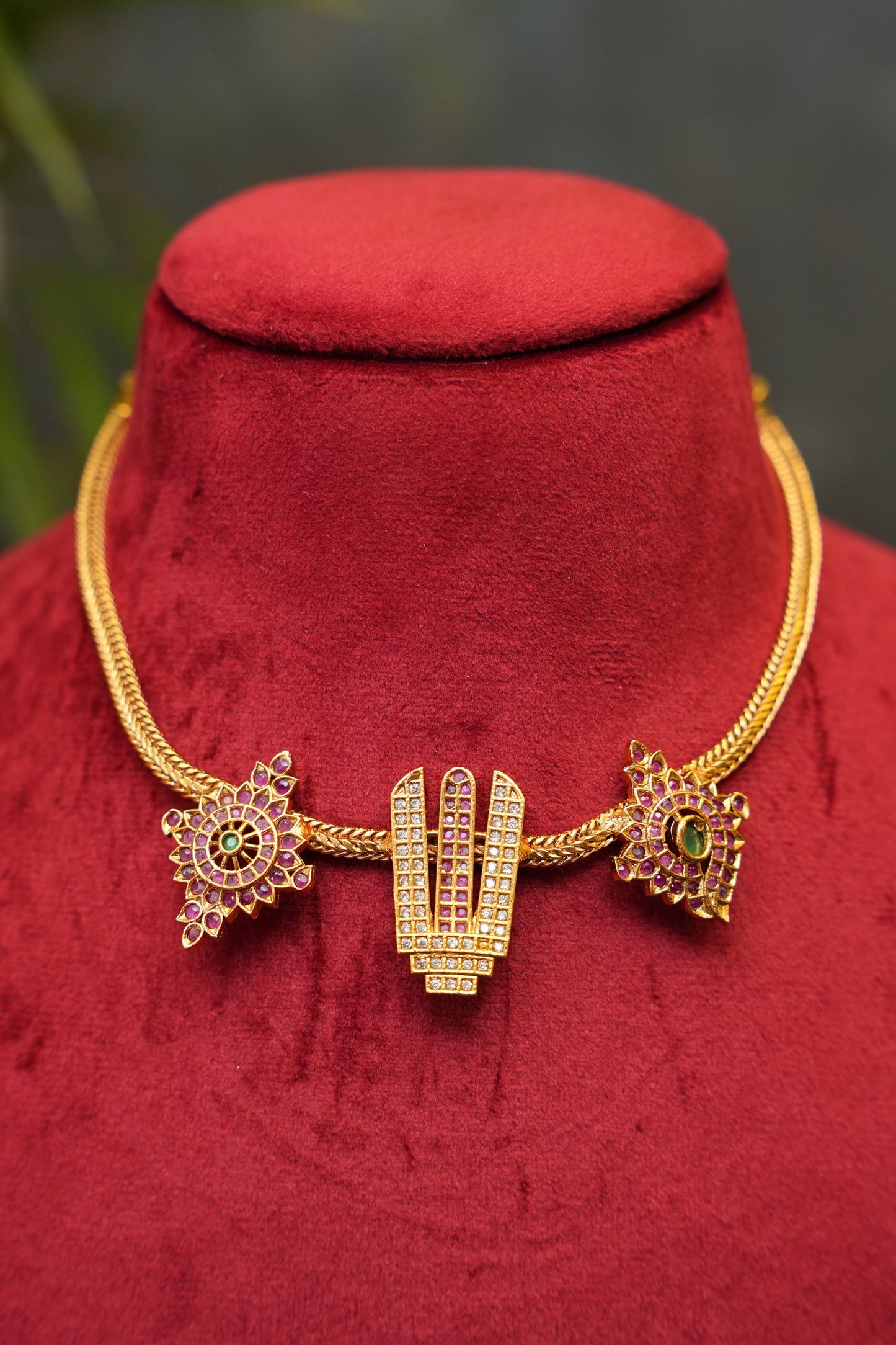 Antique Gold-Plated Temple Motif Short Necklace Set with CZ Detailing