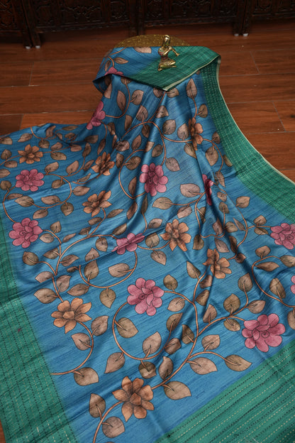 Soft Raw Silk Saree with Floral Body & Contrast Kantha Stitch Print Border – Teal Blue & Sea Green