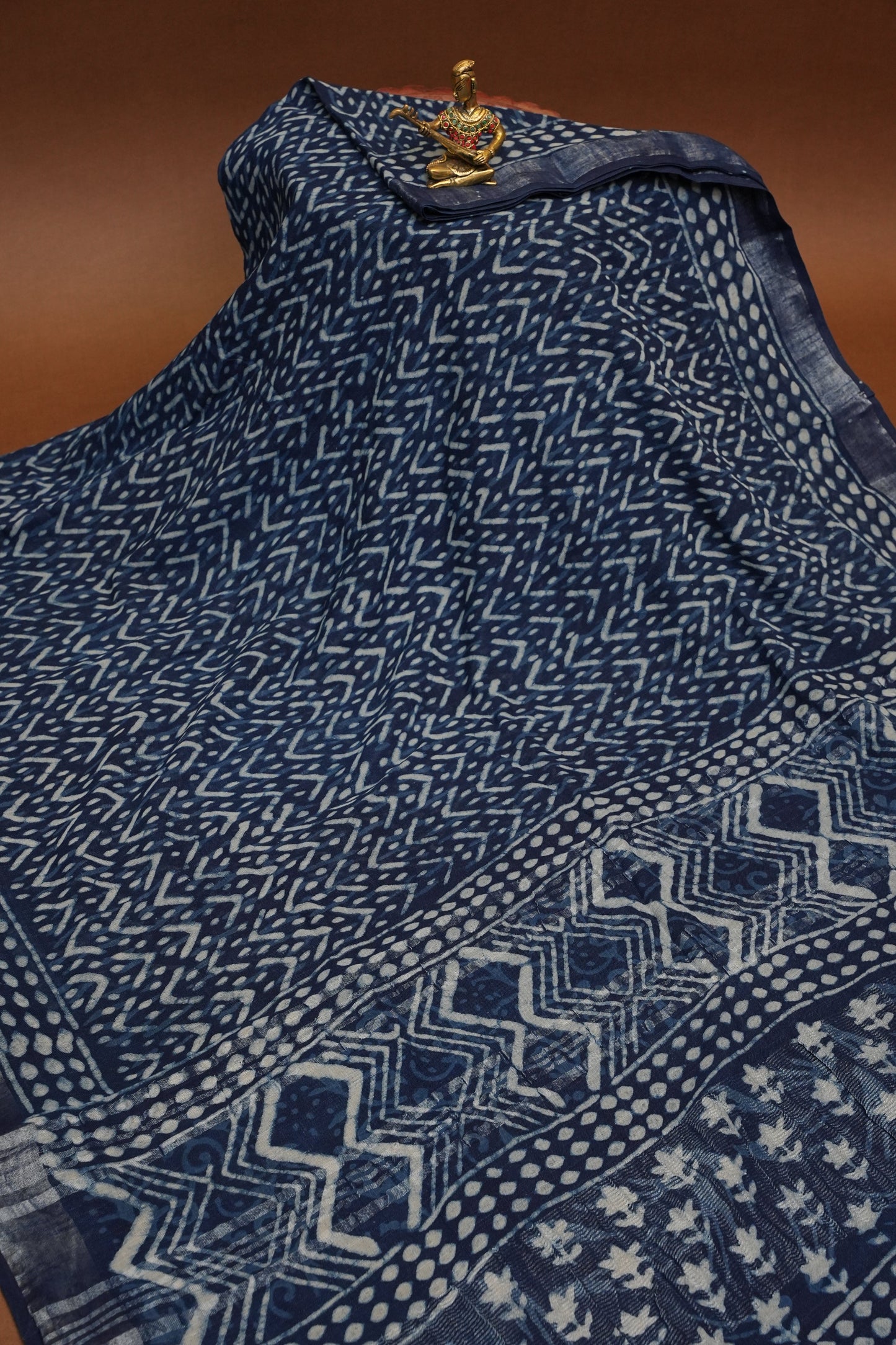 Handcrafted Indigo Dabu Print Linen Cotton Saree with Traditional Block Print Patterns