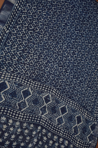 Handcrafted Indigo Dabu Print Linen Cotton Saree with Traditional Block Print Patterns