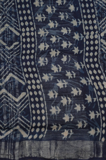 Handcrafted Indigo Dabu Print Linen Cotton Saree with Traditional Block Print Patterns