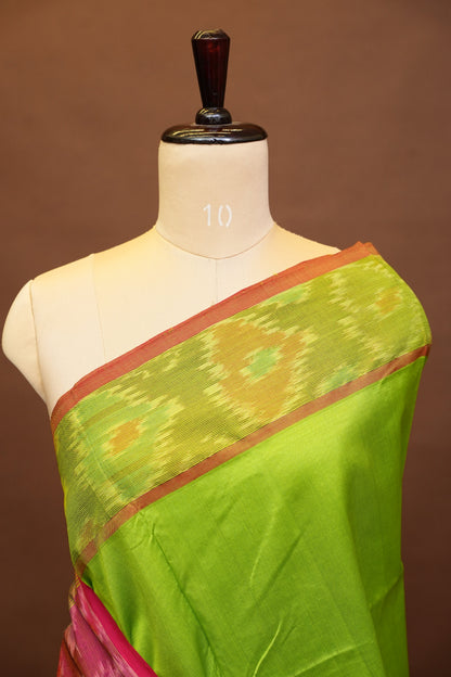 Ikkat Cotton Silk Saree - Lime Green and Pink