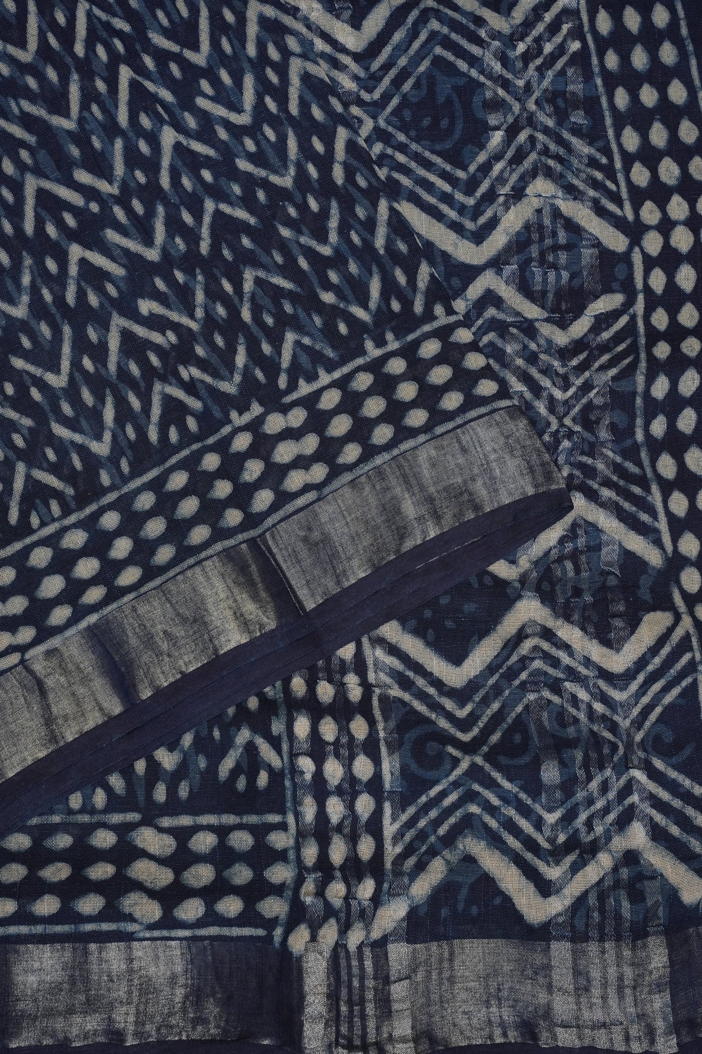 Handcrafted Indigo Dabu Print Linen Cotton Saree with Traditional Block Print Patterns
