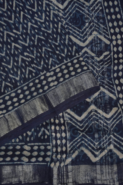 Handcrafted Indigo Dabu Print Linen Cotton Saree with Traditional Block Print Patterns