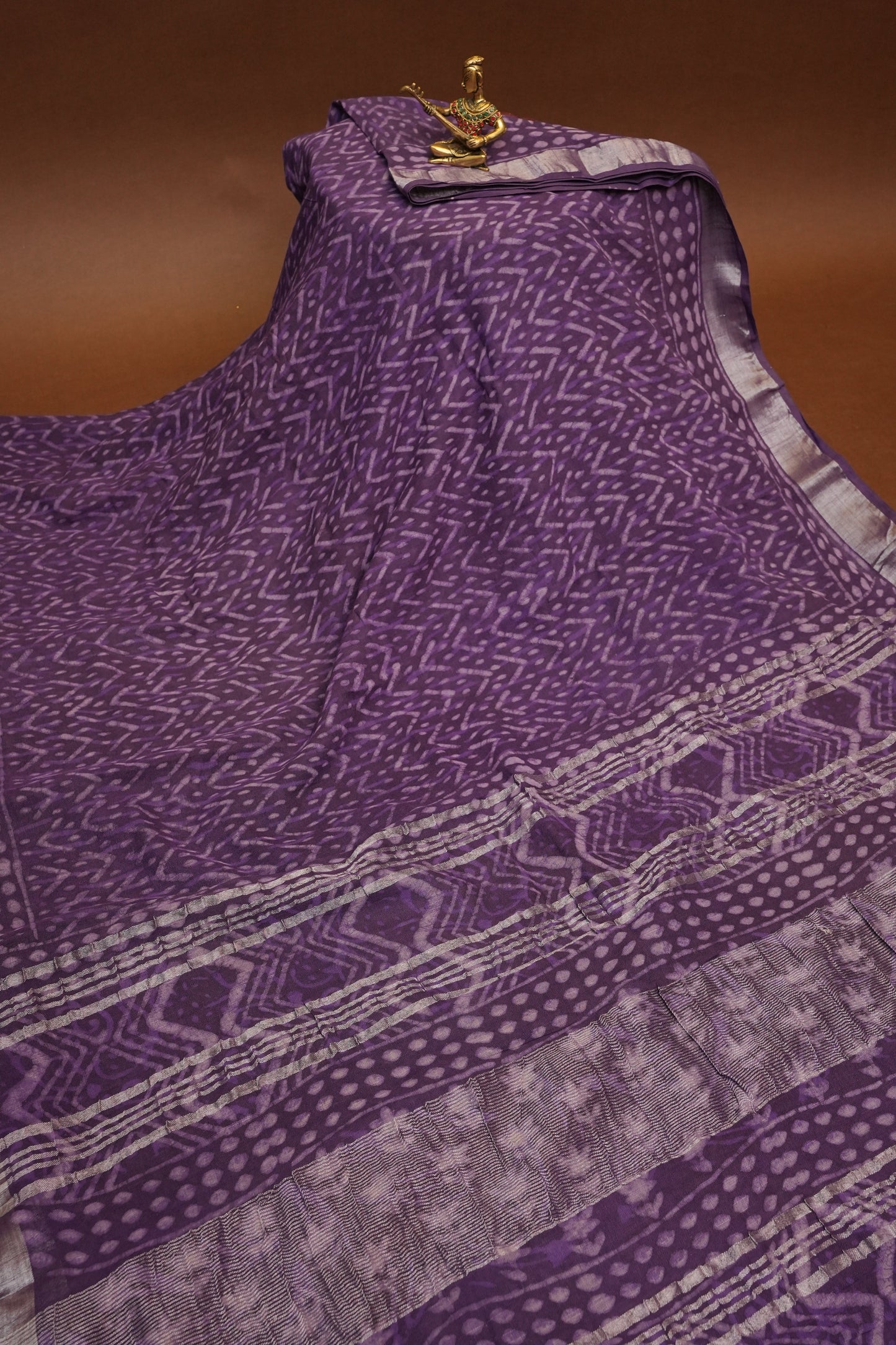 Handcrafted Purple Dabu Print Linen Cotton Saree with Traditional Block Print Patterns