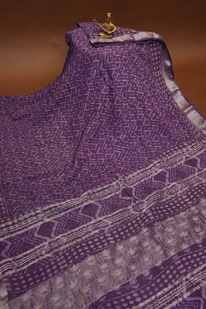 Handcrafted Purple Dabu Print Linen Cotton Saree with Traditional Block Print Patterns