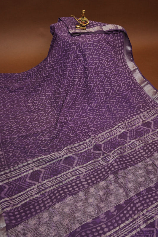 Handcrafted Purple Dabu Print Linen Cotton Saree with Traditional Block Print Patterns
