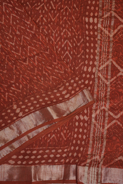 Handcrafted Rust Dabu Print Linen Cotton Saree with Traditional Block Print Patterns
