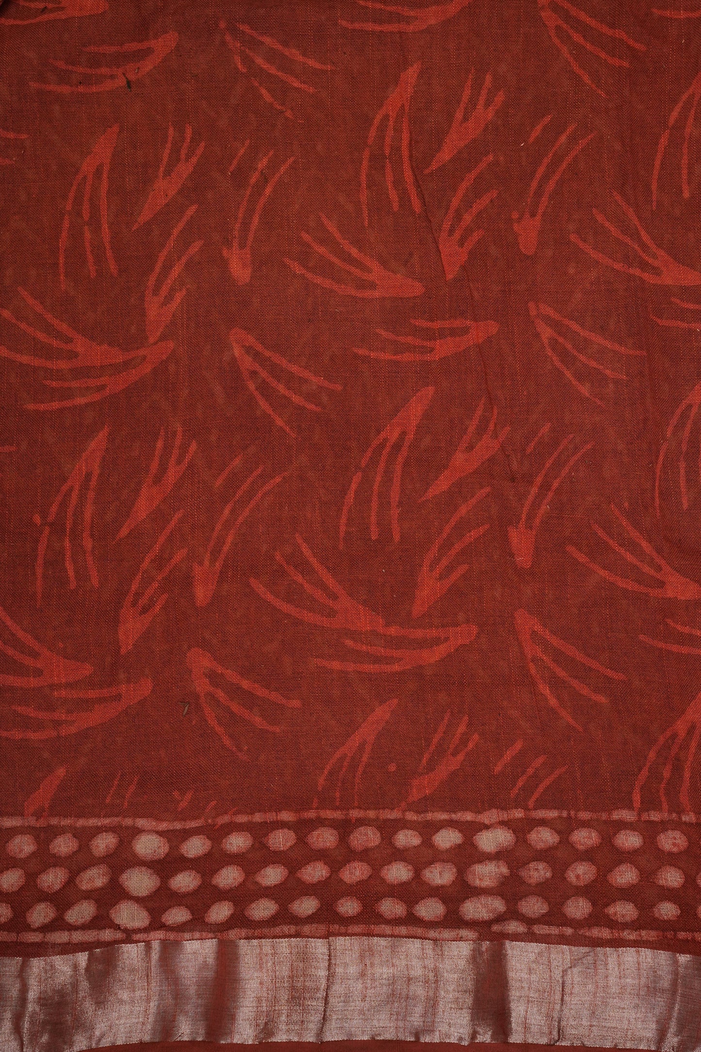 Handcrafted Rust Dabu Print Linen Cotton Saree with Traditional Block Print Patterns