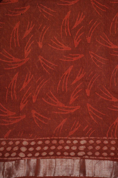 Handcrafted Rust Dabu Print Linen Cotton Saree with Traditional Block Print Patterns