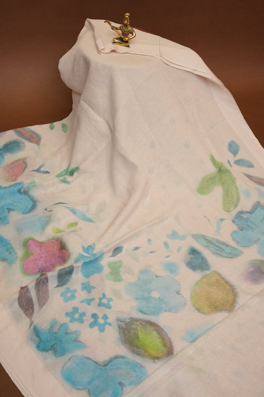 Elegant White Floral Painted Linen Cotton Saree