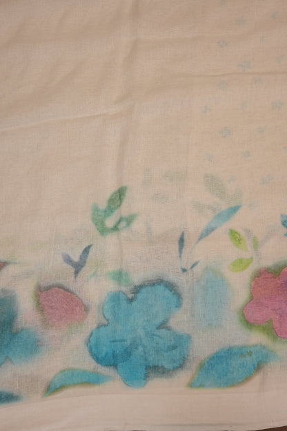 Elegant White Floral Painted Linen Cotton Saree
