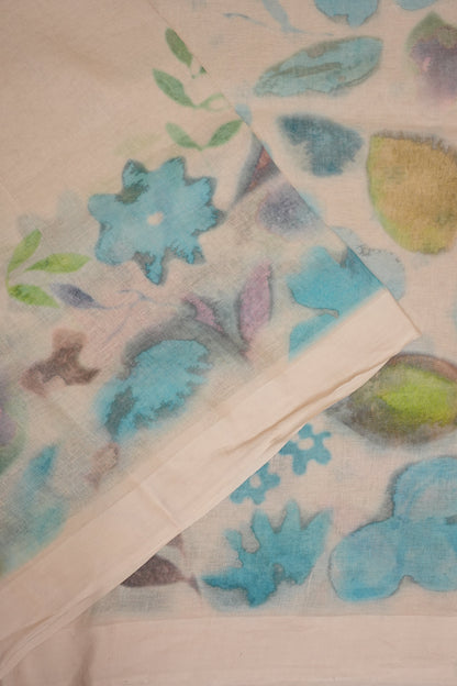 Elegant White Floral Painted Linen Cotton Saree