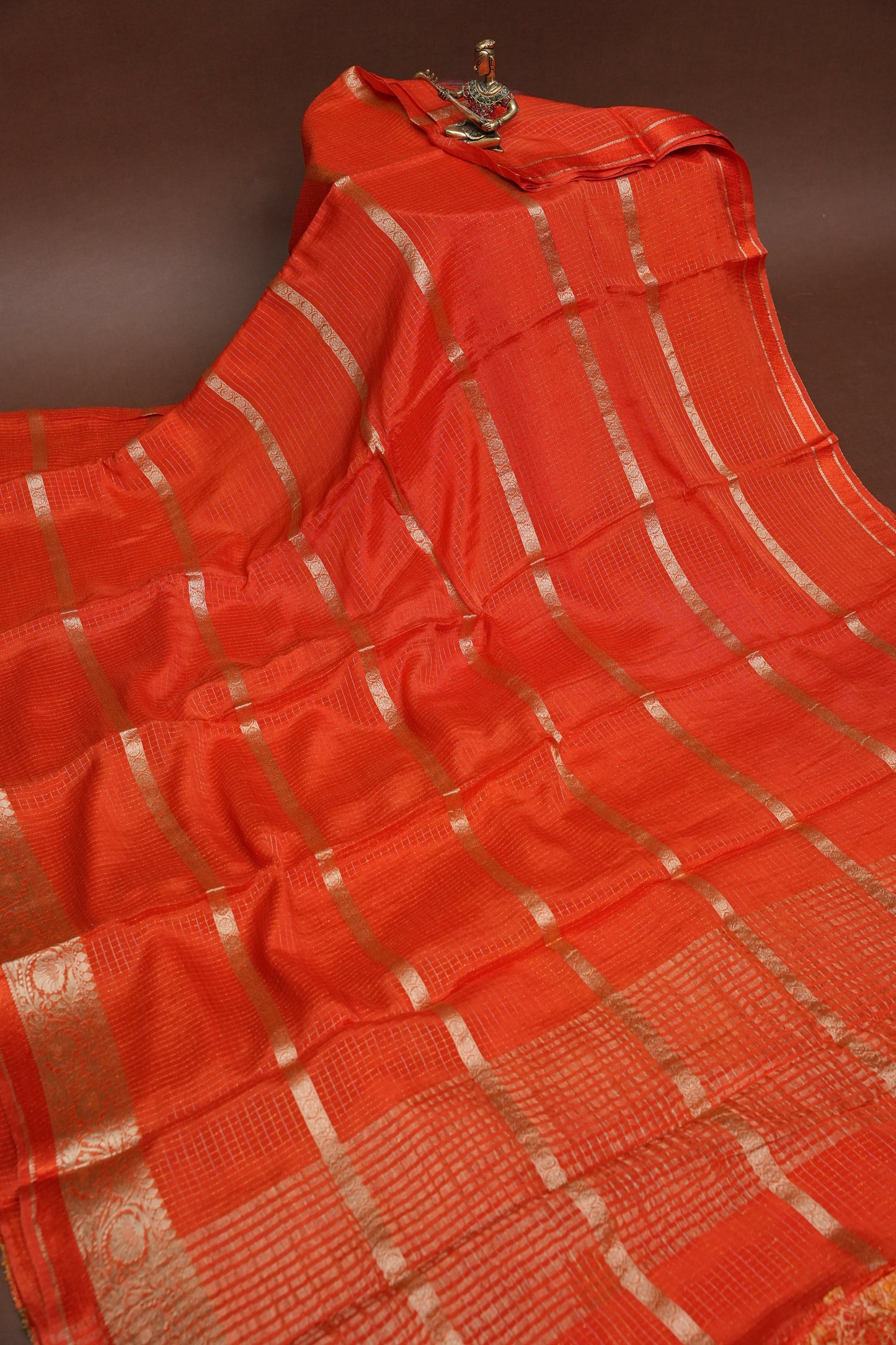Coral Orange Crepe Silk Saree with Antique Gold Zari Border and Microchecks