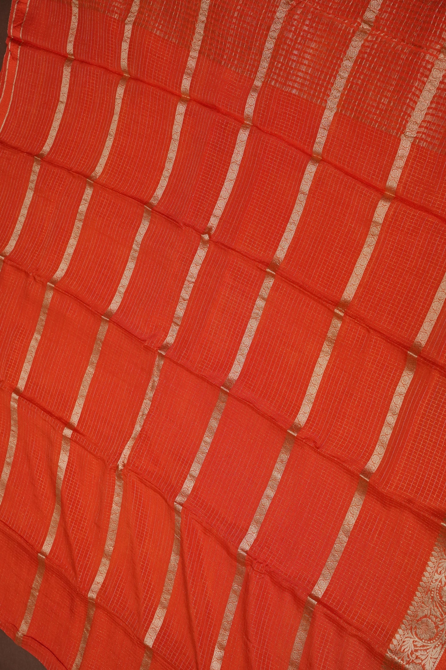 Coral Orange Crepe Silk Saree with Antique Gold Zari Border and Microchecks