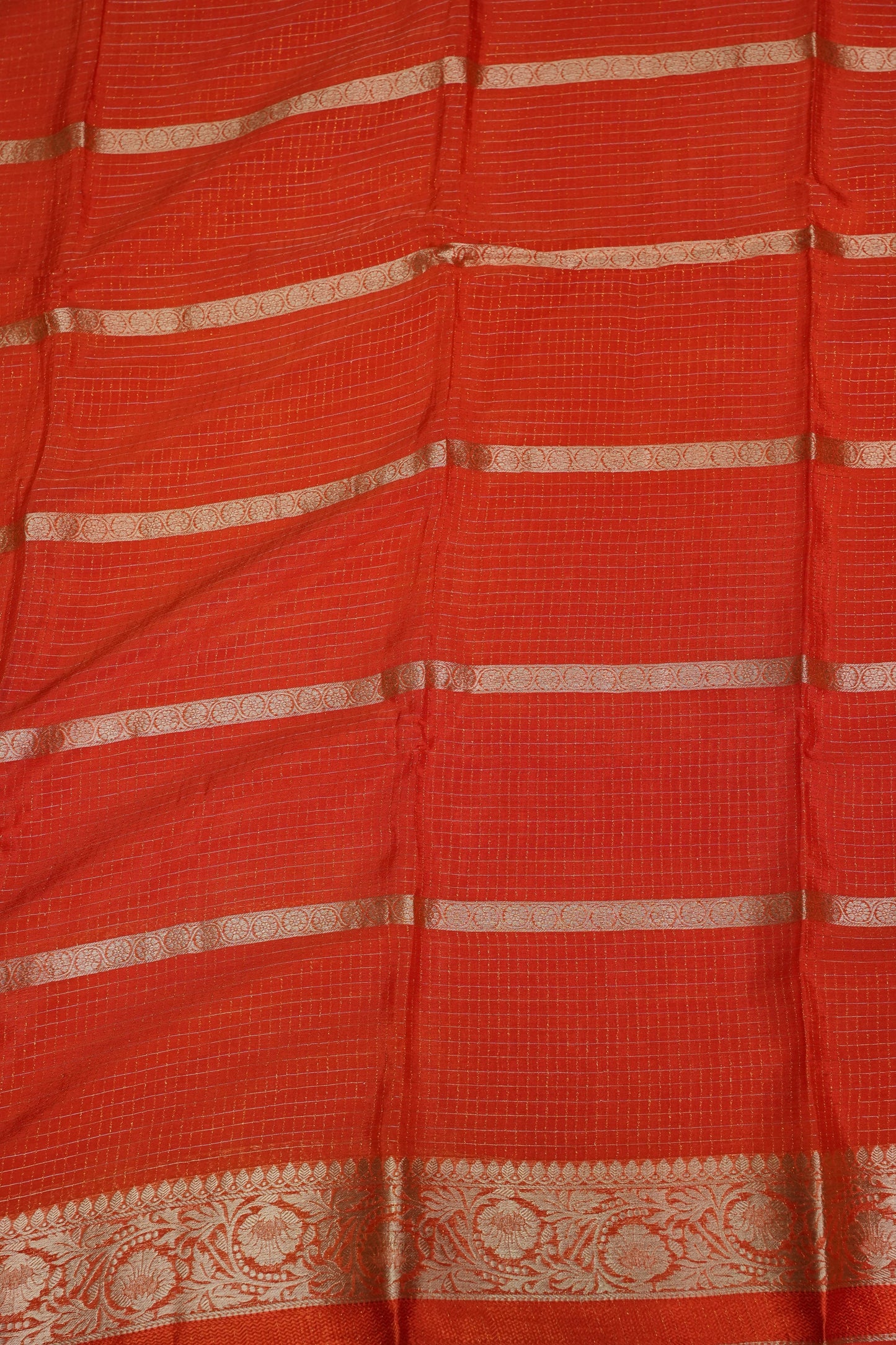 Coral Orange Crepe Silk Saree with Antique Gold Zari Border and Microchecks