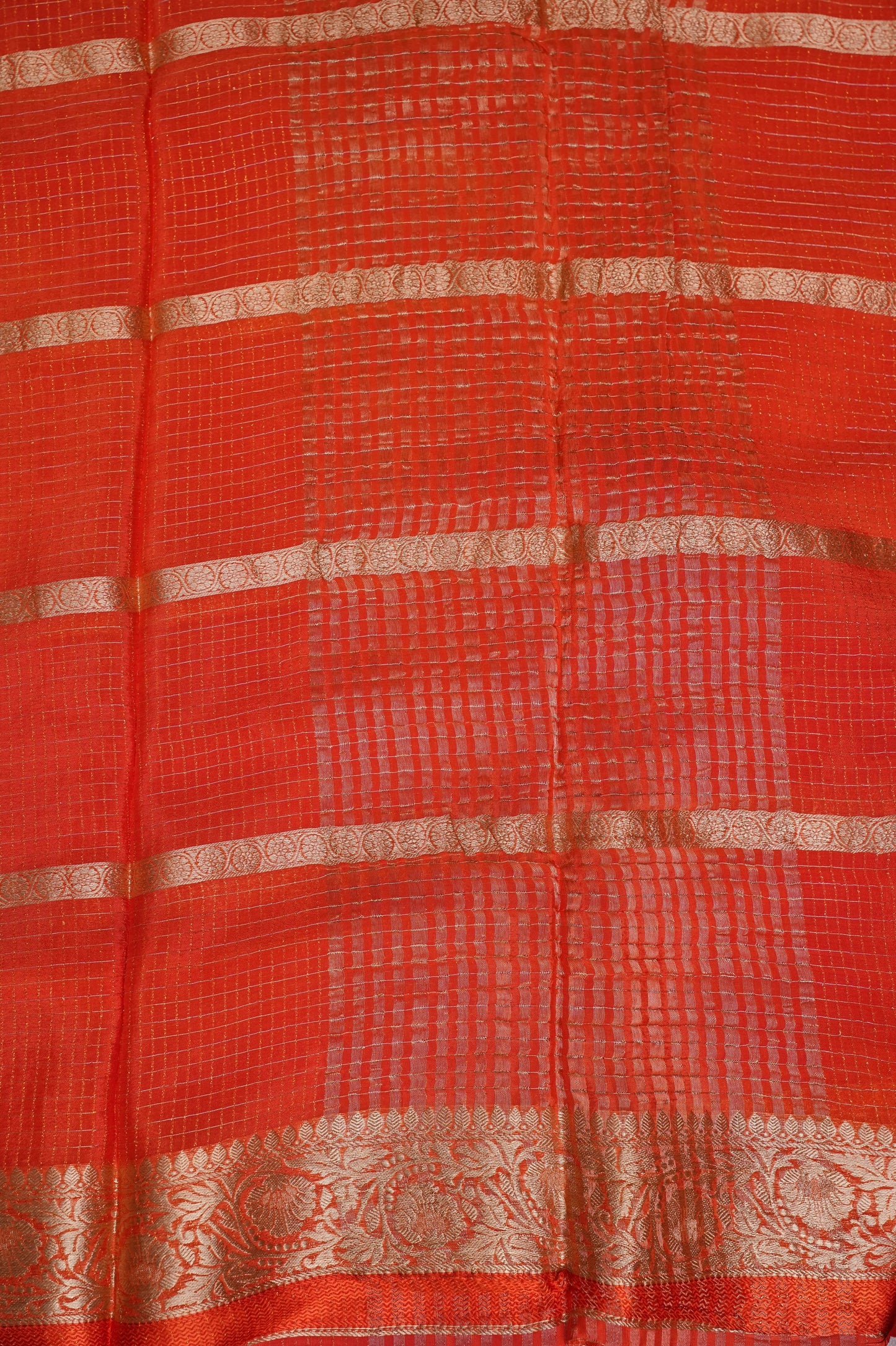 Coral Orange Crepe Silk Saree with Antique Gold Zari Border and Microchecks