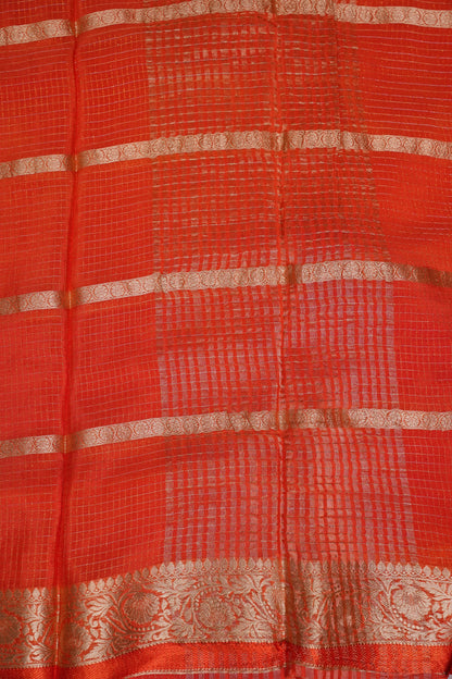 Coral Orange Crepe Silk Saree with Antique Gold Zari Border and Microchecks