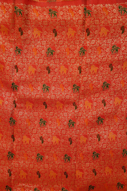 Coral Orange Crepe Silk Saree with Antique Gold Zari Border and Microchecks
