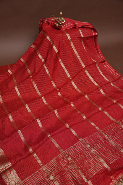 Deep Crimson Crepe Silk Saree with Elegant Gold Zari Checks