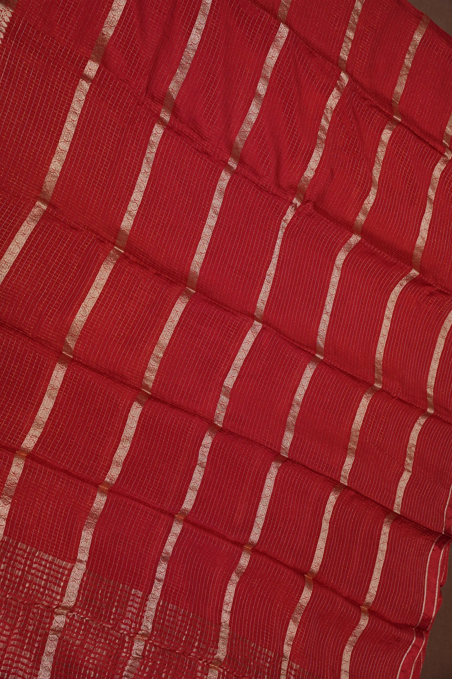 Deep Crimson Crepe Silk Saree with Elegant Gold Zari Checks