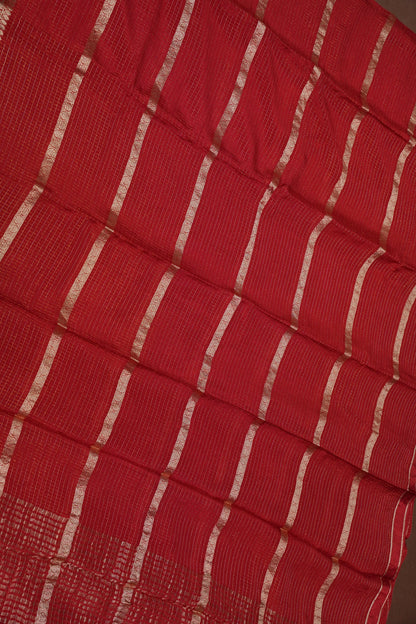 Deep Crimson Crepe Silk Saree with Elegant Gold Zari Checks