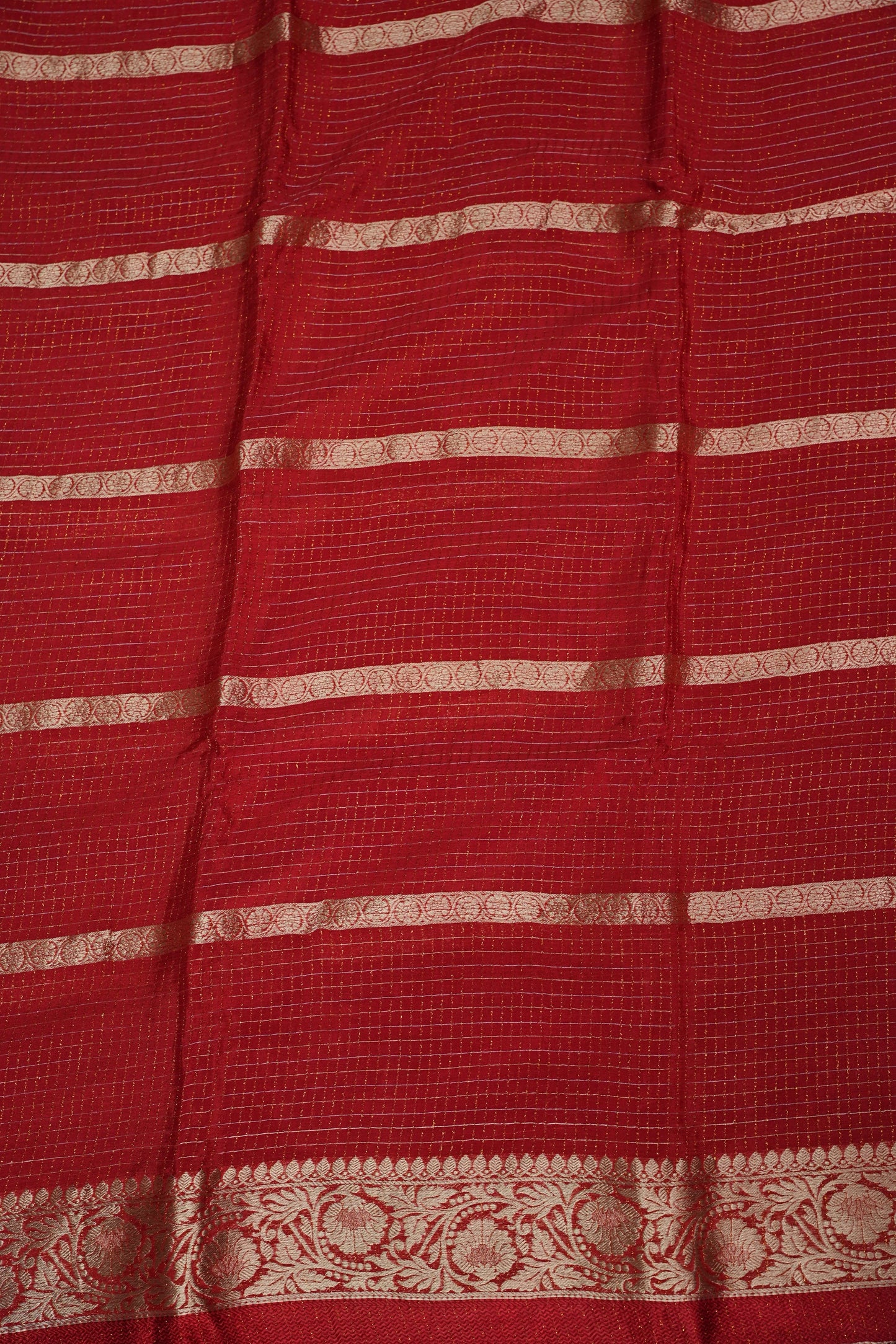 Deep Crimson Crepe Silk Saree with Elegant Gold Zari Checks