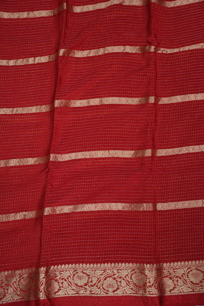 Deep Crimson Crepe Silk Saree with Elegant Gold Zari Checks