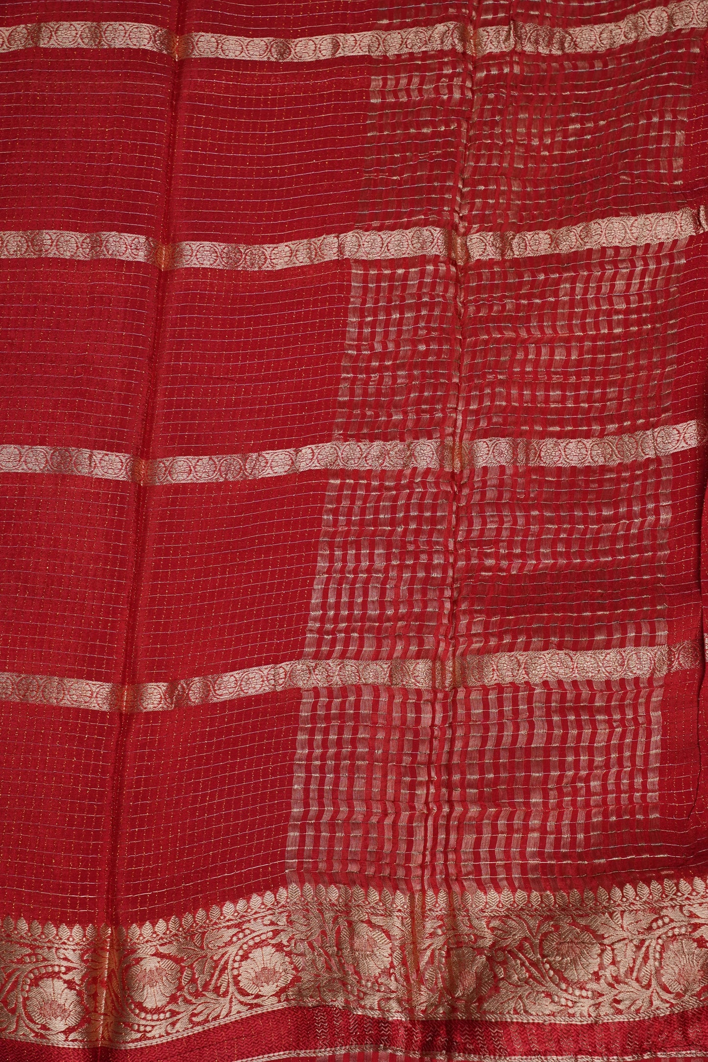 Deep Crimson Crepe Silk Saree with Elegant Gold Zari Checks