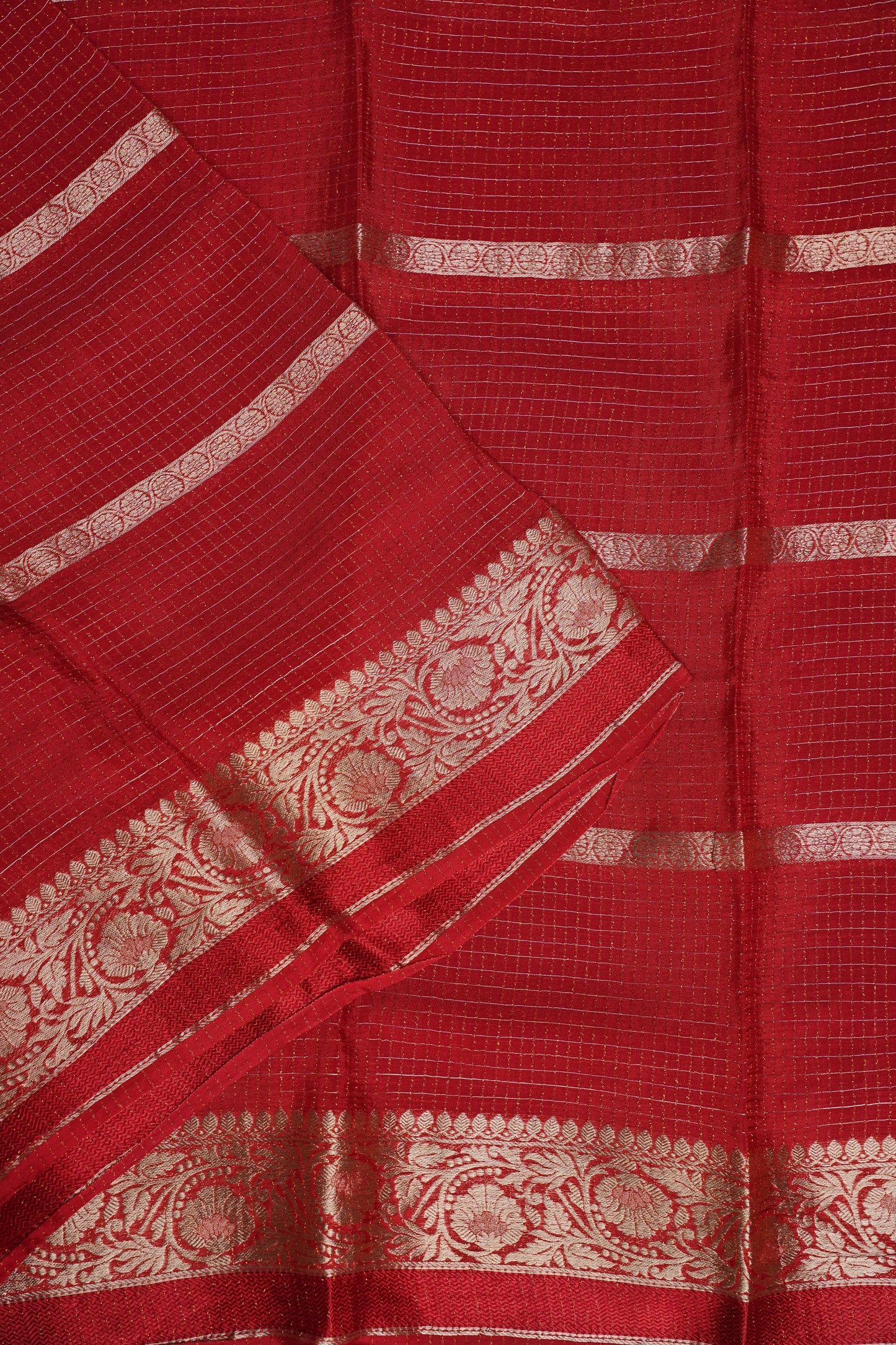 Deep Crimson Crepe Silk Saree with Elegant Gold Zari Checks
