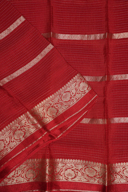 Deep Crimson Crepe Silk Saree with Elegant Gold Zari Checks