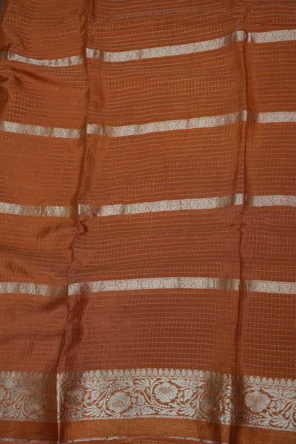 Copper Brown Crepe Silk Saree with Antique Gold Zari Border and Microchecks