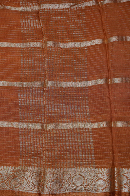 Copper Brown Crepe Silk Saree with Antique Gold Zari Border and Microchecks