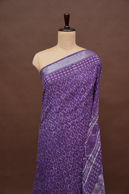 Handcrafted Purple Dabu Print Linen Cotton Saree with Traditional Block Print Patterns