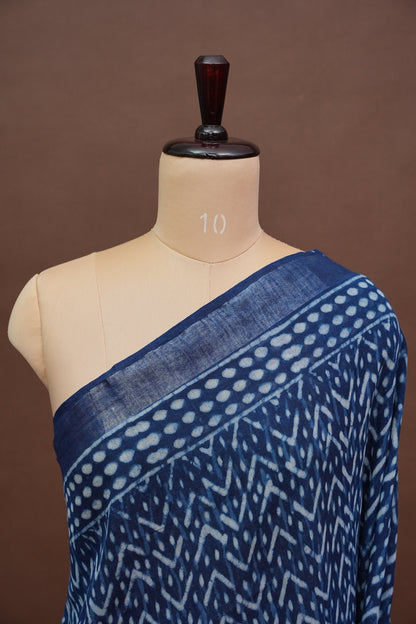 Handcrafted Indigo Dabu Print Linen Cotton Saree with Traditional Block Print Patterns
