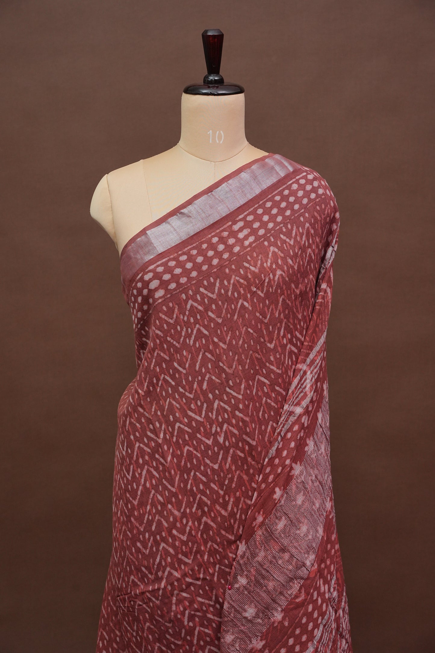 Handcrafted Rust Dabu Print Linen Cotton Saree with Traditional Block Print Patterns