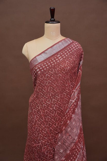 Handcrafted Rust Dabu Print Linen Cotton Saree with Traditional Block Print Patterns