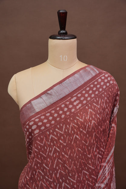 Handcrafted Rust Dabu Print Linen Cotton Saree with Traditional Block Print Patterns