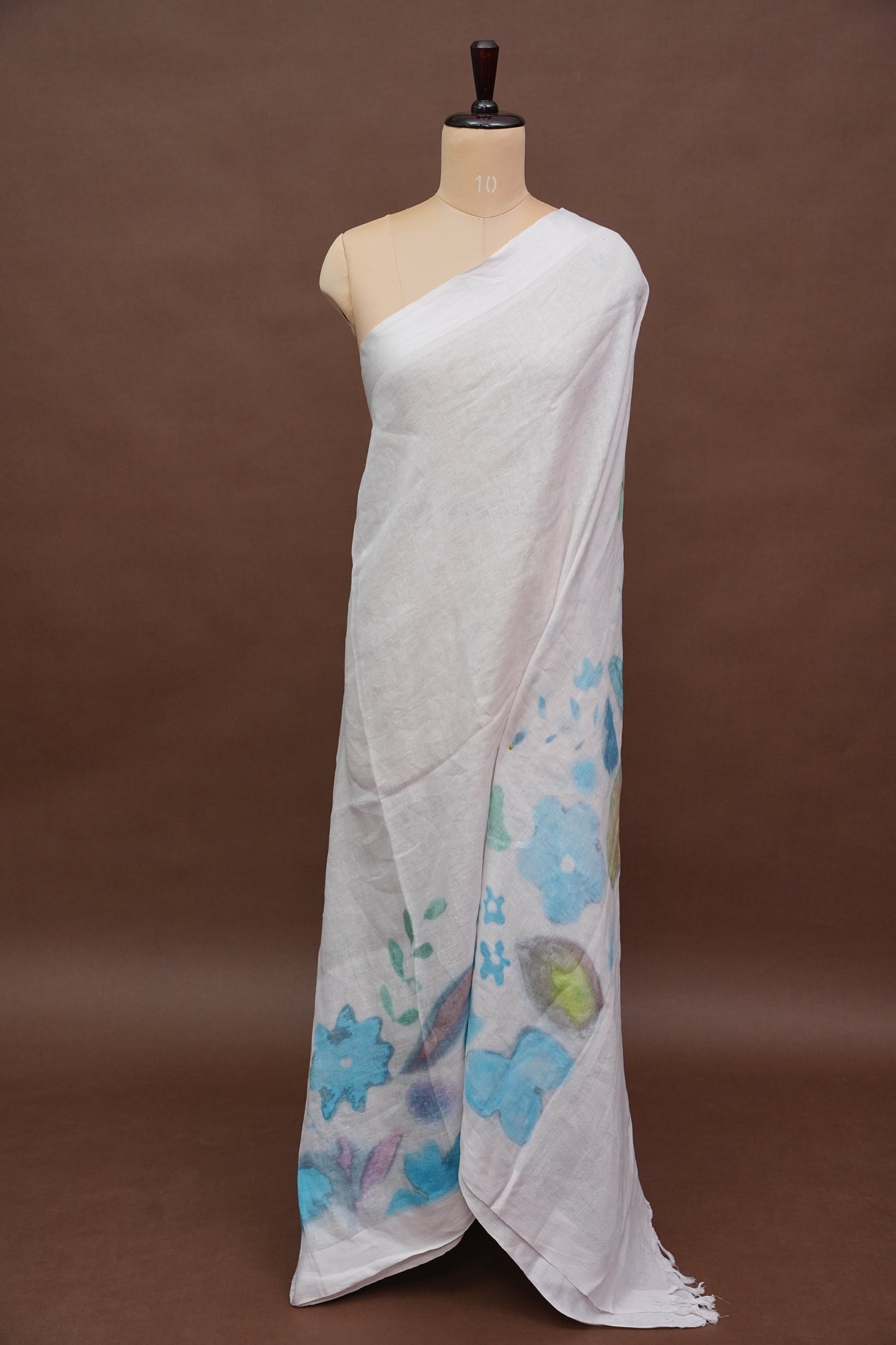 Elegant White Floral Painted Linen Cotton Saree