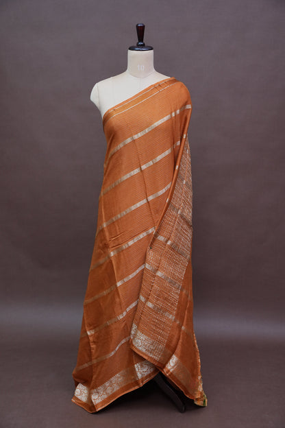 Copper Brown Crepe Silk Saree with Antique Gold Zari Border and Microchecks