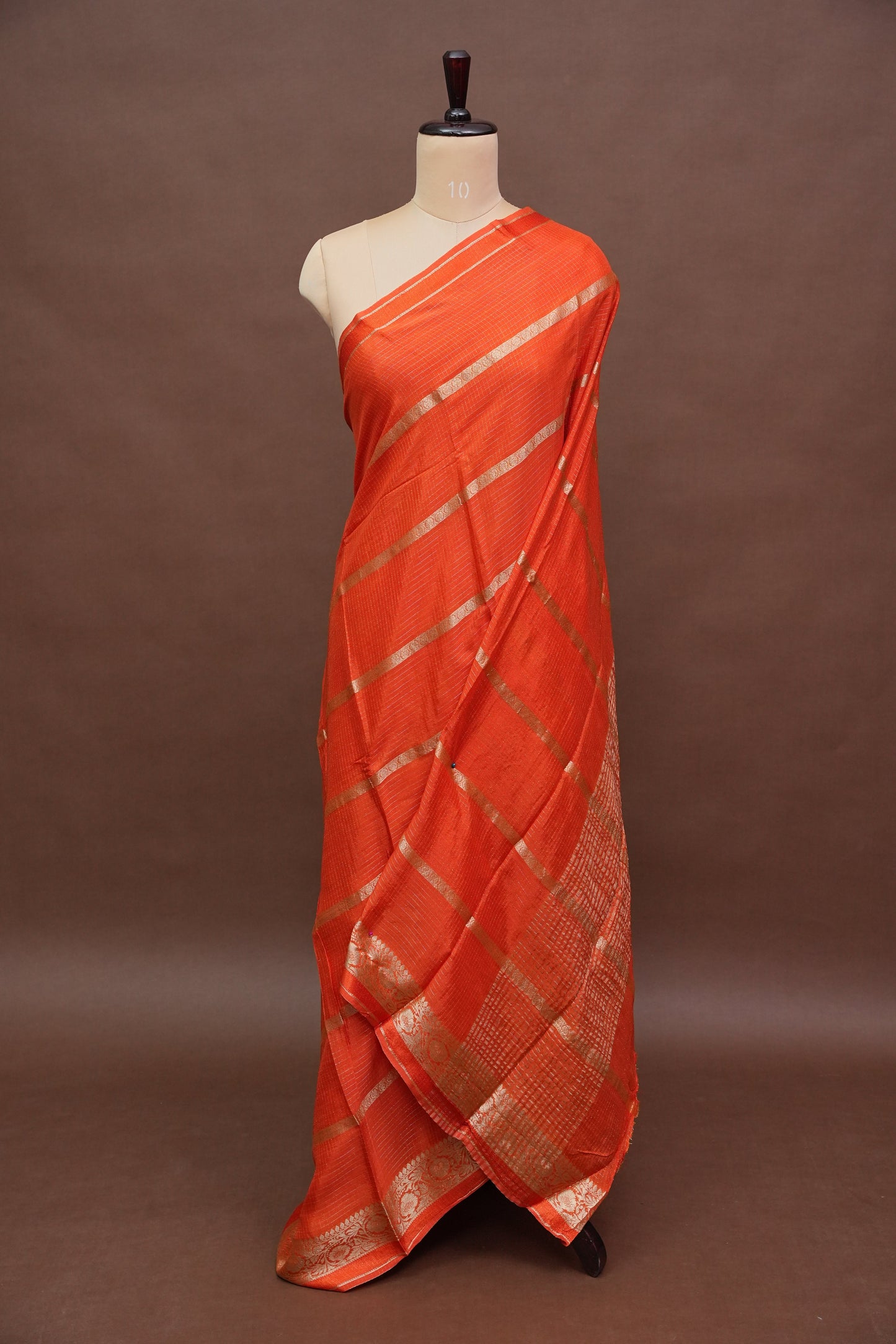 Coral Orange Crepe Silk Saree with Antique Gold Zari Border and Microchecks