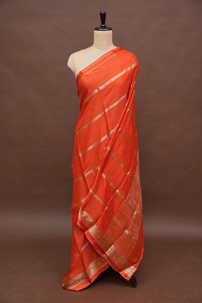 Coral Orange Crepe Silk Saree with Antique Gold Zari Border and Microchecks