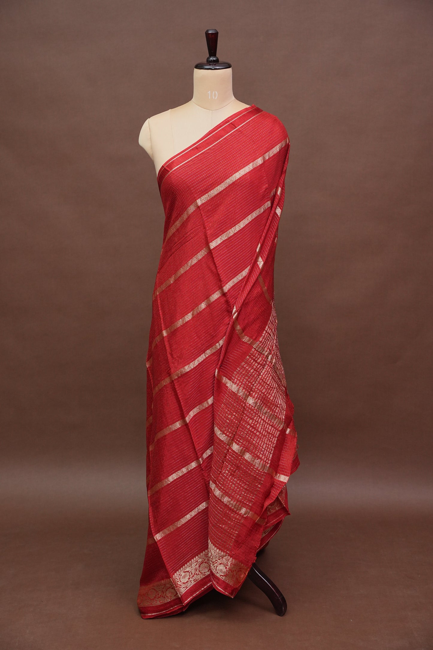 Deep Crimson Crepe Silk Saree with Elegant Gold Zari Checks