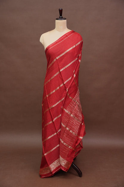 Deep Crimson Crepe Silk Saree with Elegant Gold Zari Checks